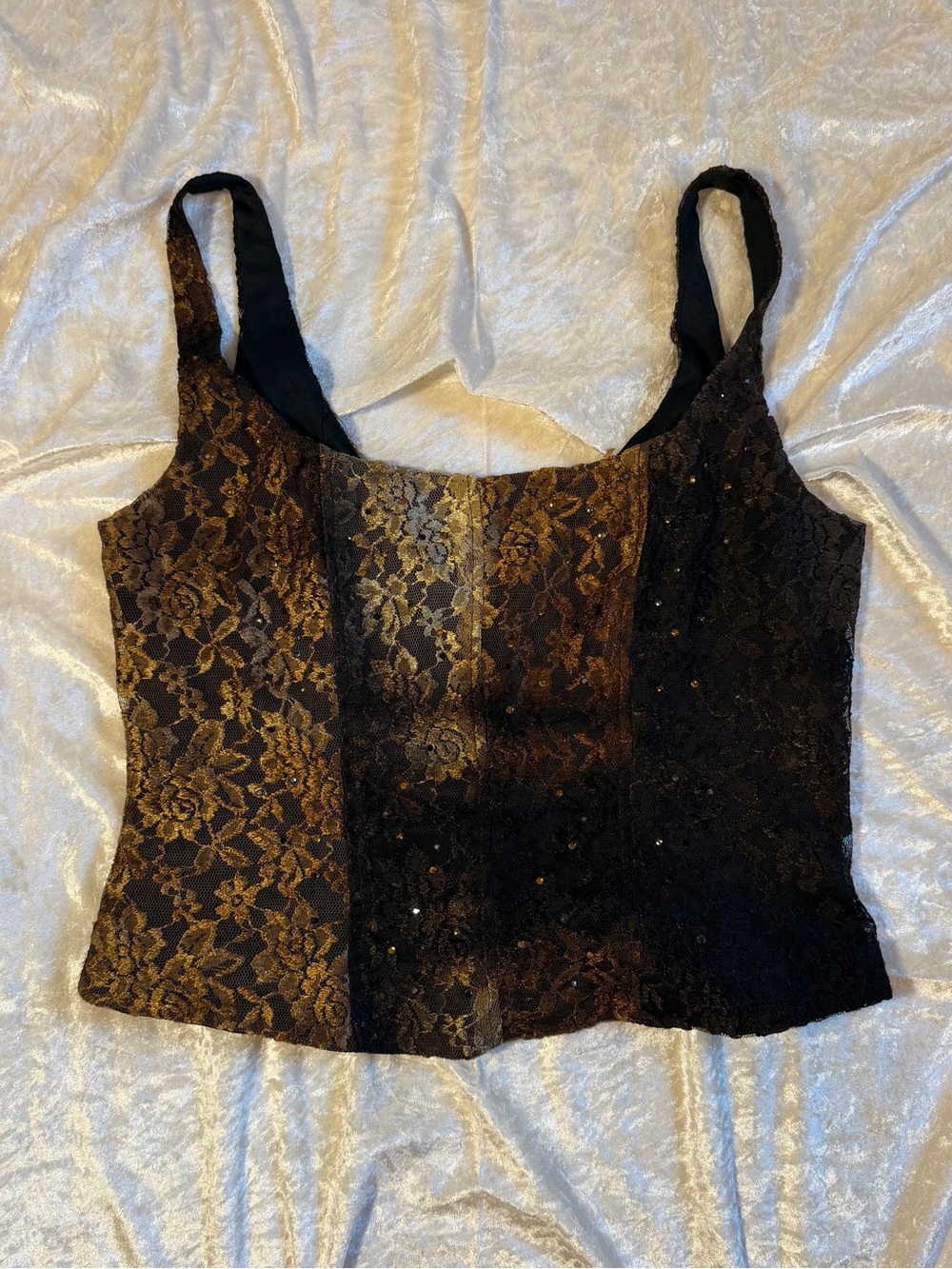 Vintage Cachรฉ Black Brown Lace Rhinestone Corset Top โ Made in USA